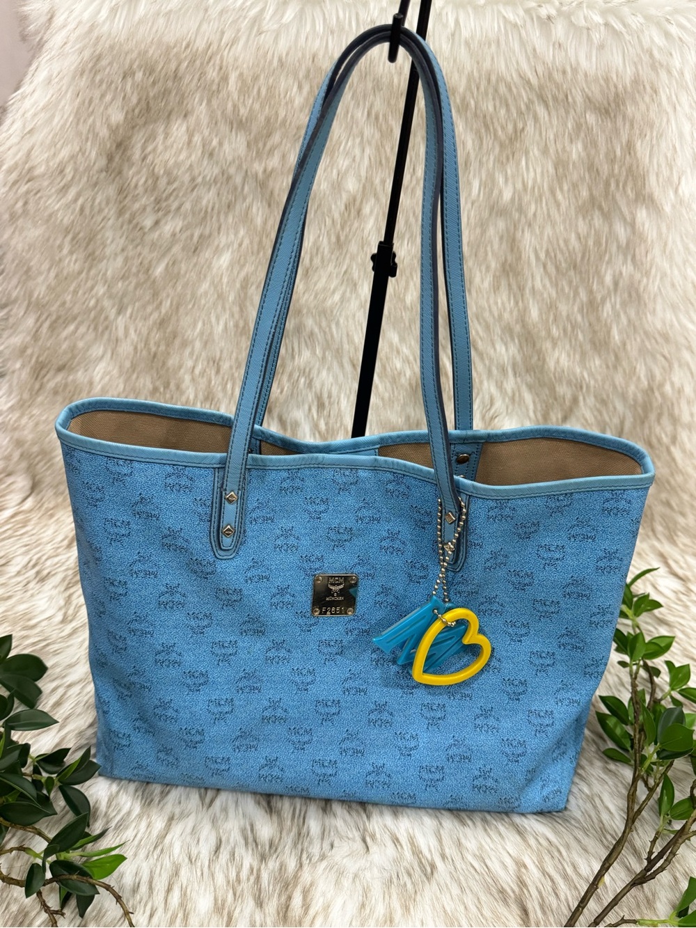 MCM Light Blue Logo Tote with MCM Charm